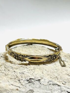 Whiting & Davis Gold Floral Engraved Bangle Bracelet